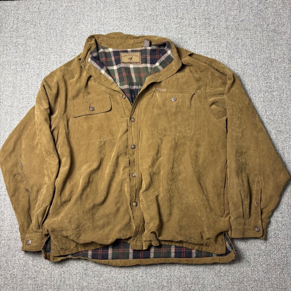 North River Shirt Jacket Mens M Brown Faux Suede Plaid Flannel Lined Workwear